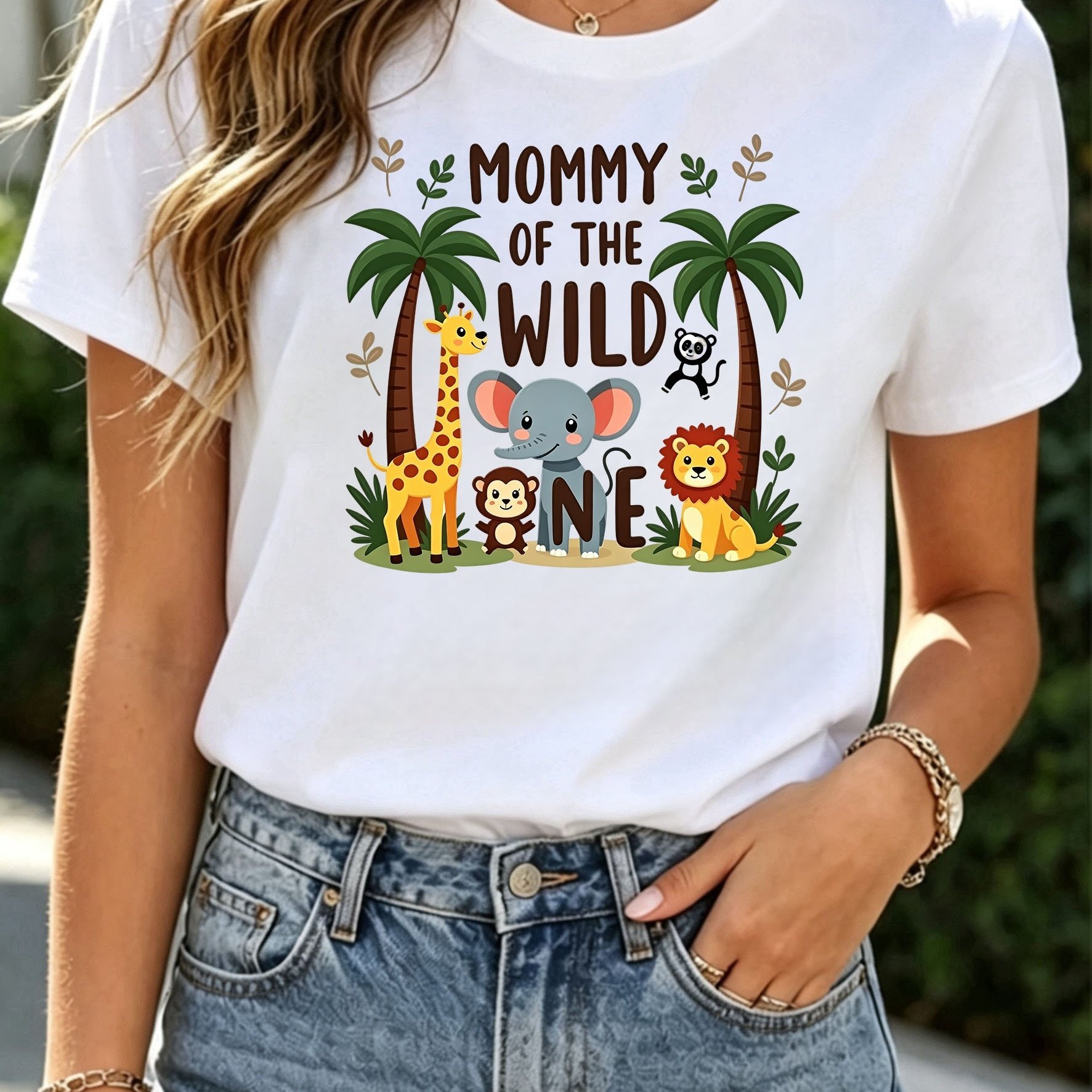 TEMU Women's Polyester White Short Sleeve T-shirt, "mommy Of One" Print With Cute Jungle Animals Pattern, Casual Crew Neck Top, Multiple