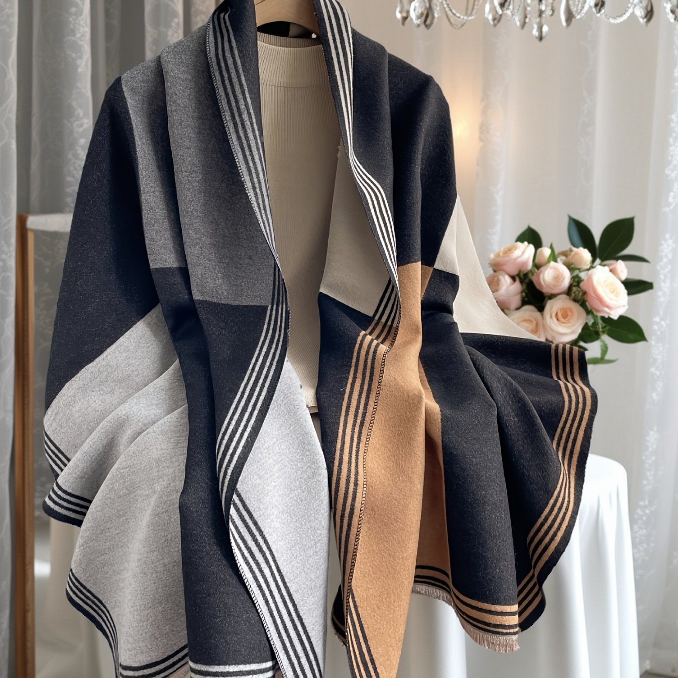 TEMU Plus Size, Autumn/winter Thickened Vintage Color-block Women's Warm Shawl With Multiple Wearing Styles