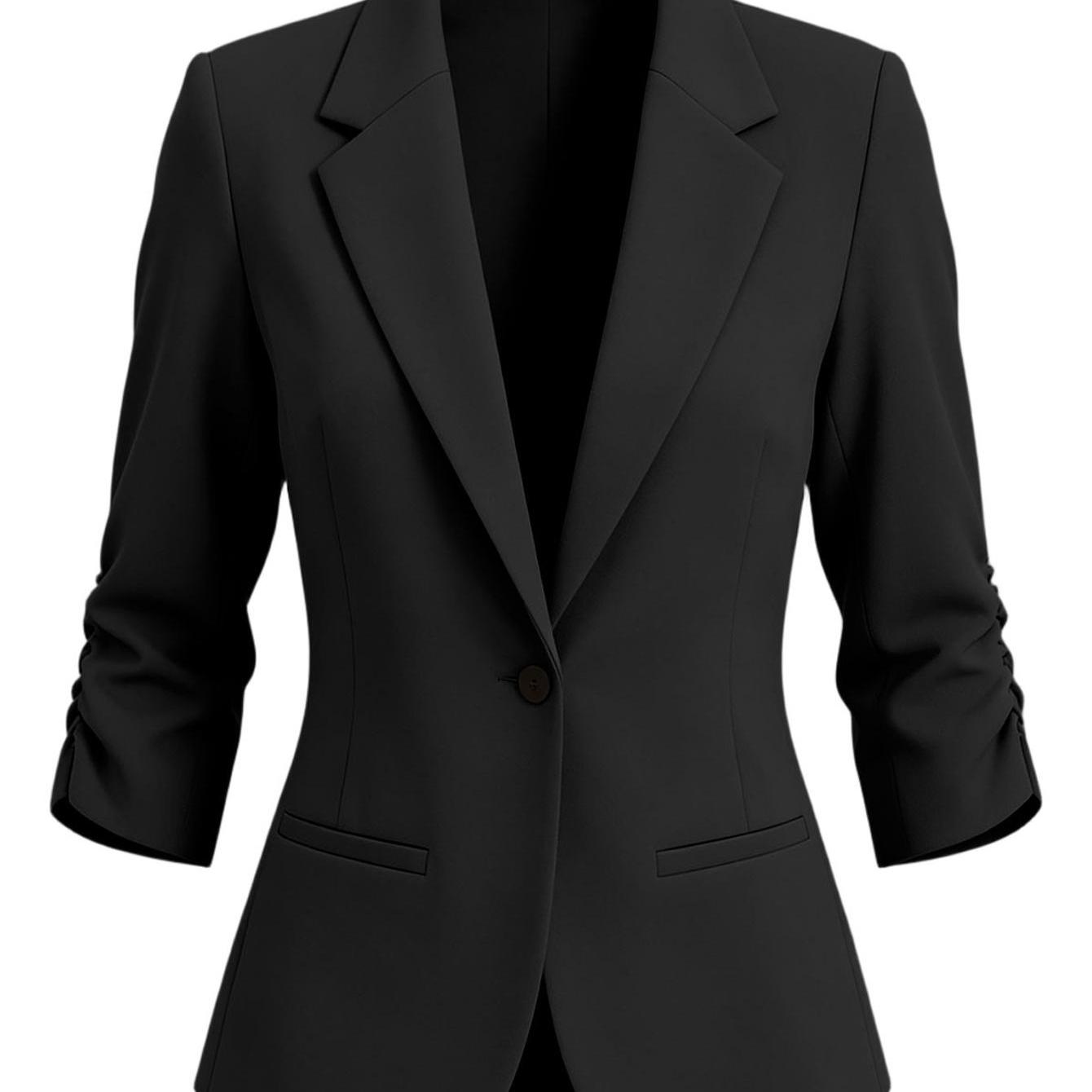 Image of Women'-color Three-quarter Sleeve Lapel Blazer Coat Tops, With Button Pockets Casual Fashionable Style Outerwear, Elegant Minimalist Apparel For Office Work Gathering Holiday Vacation
