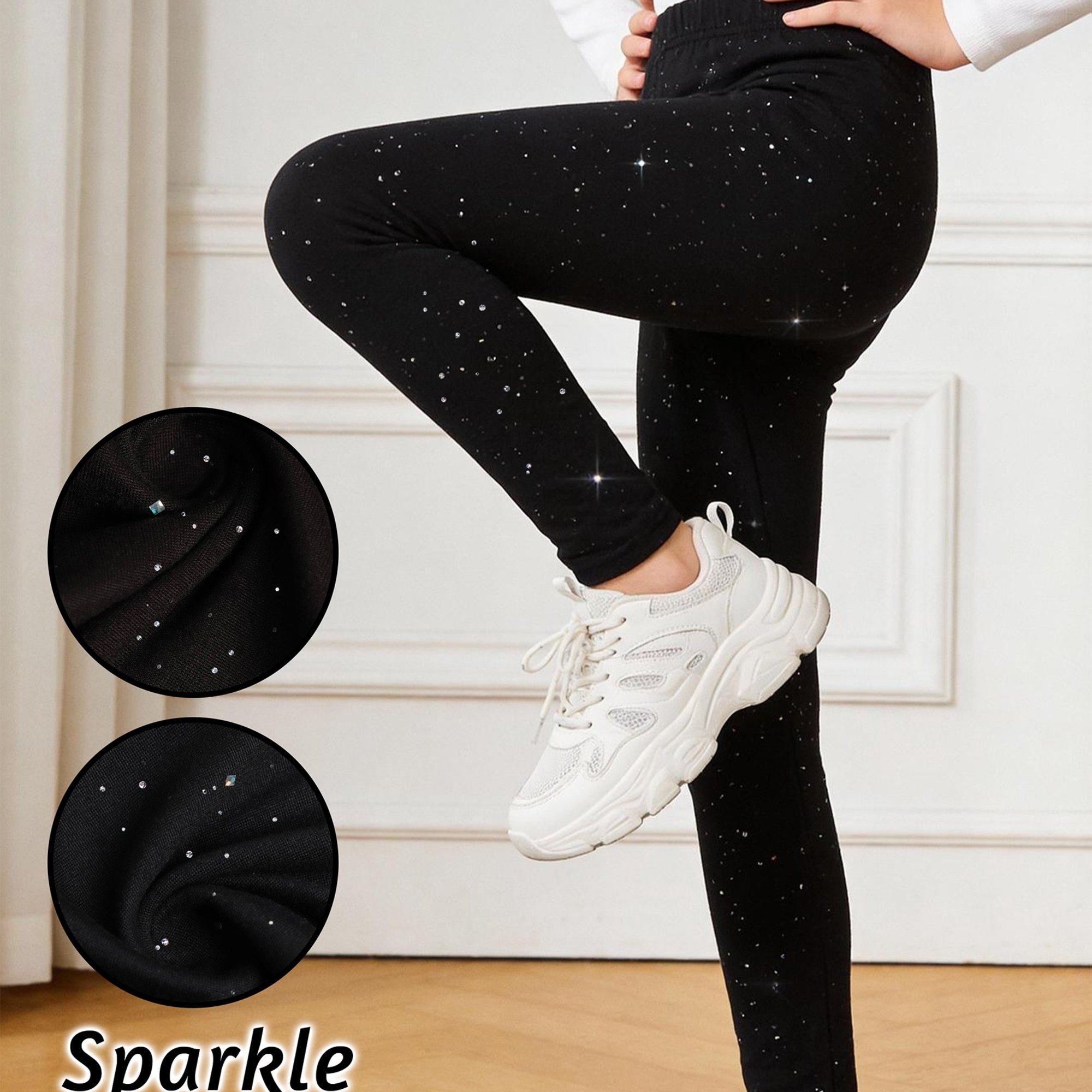 Image of Spring And Summer Golden Glitter Sequined Decor Stretch Ankle Pants Back-to- Girls' Breathable Dance Shimmering Leggings, Halloween, Teenage Girl Clothes