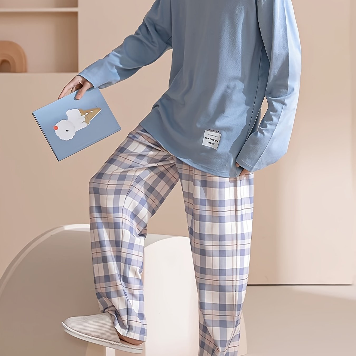 TEMU Men's Round Neck Blue Long Sleeve Shirt And Pants Pajama Set, Worn Outward Or Used As Home Clothes