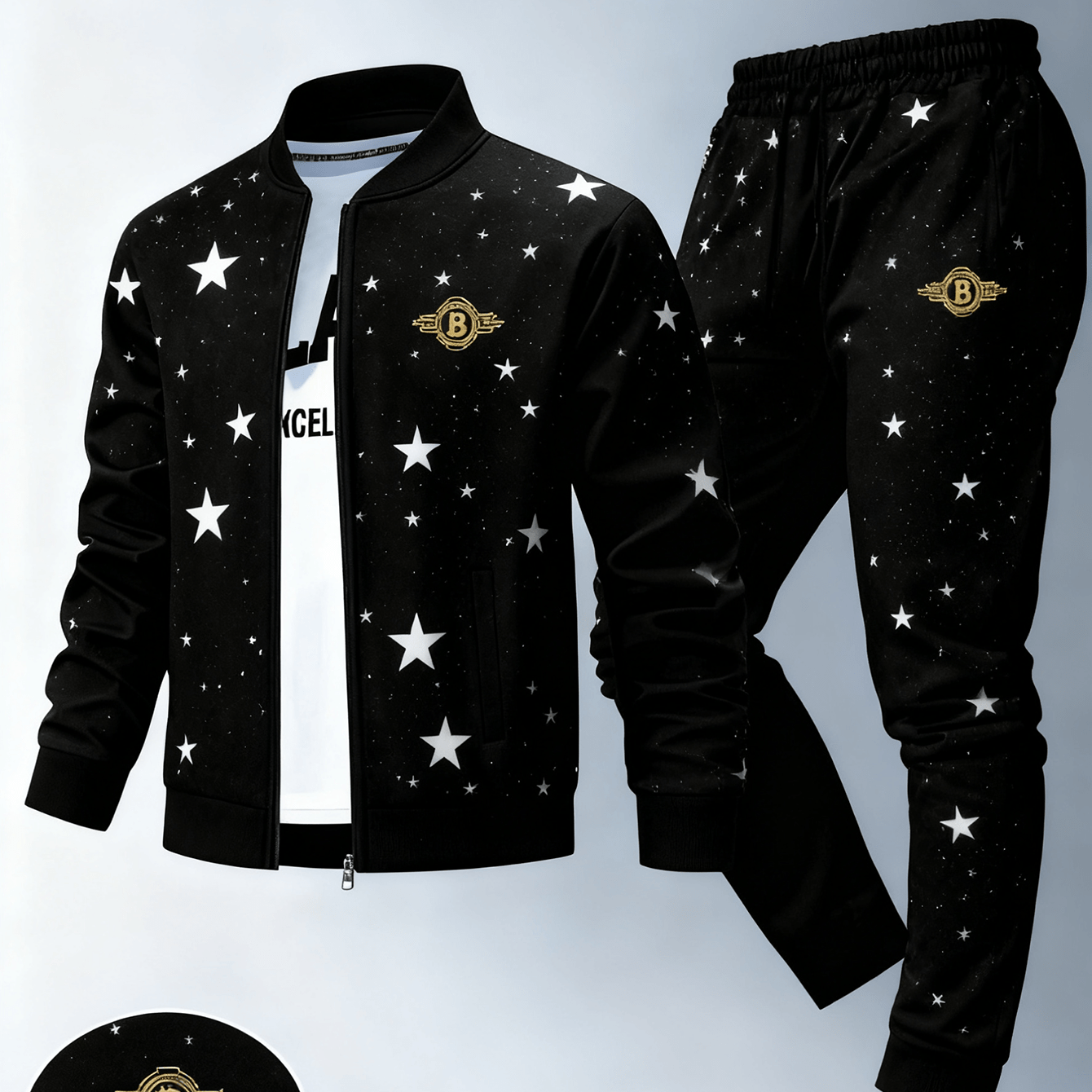 A 2pcs Men's Slim Jacket And Sweatpants Set With Symbol Print, Zipped Polyester For Autumn/ Winter Casual Outerwear