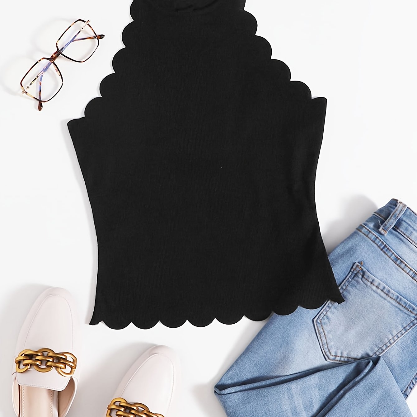 E-shop Damen Slim Fit Tanktop mit Wellenbesatz, Vielseitiges Ärmelloses Sommer-Oberteil, Modisches Einfarbiges Unterhemd
