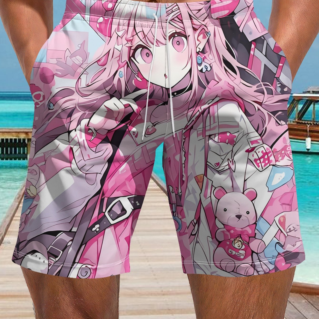TEMU Men's Anime Kawaii Girl Print Shorts - Breathable Polyester Casual Athletic Wear With Pink Suitable For Daily Commuting, Sports, Uniforms &