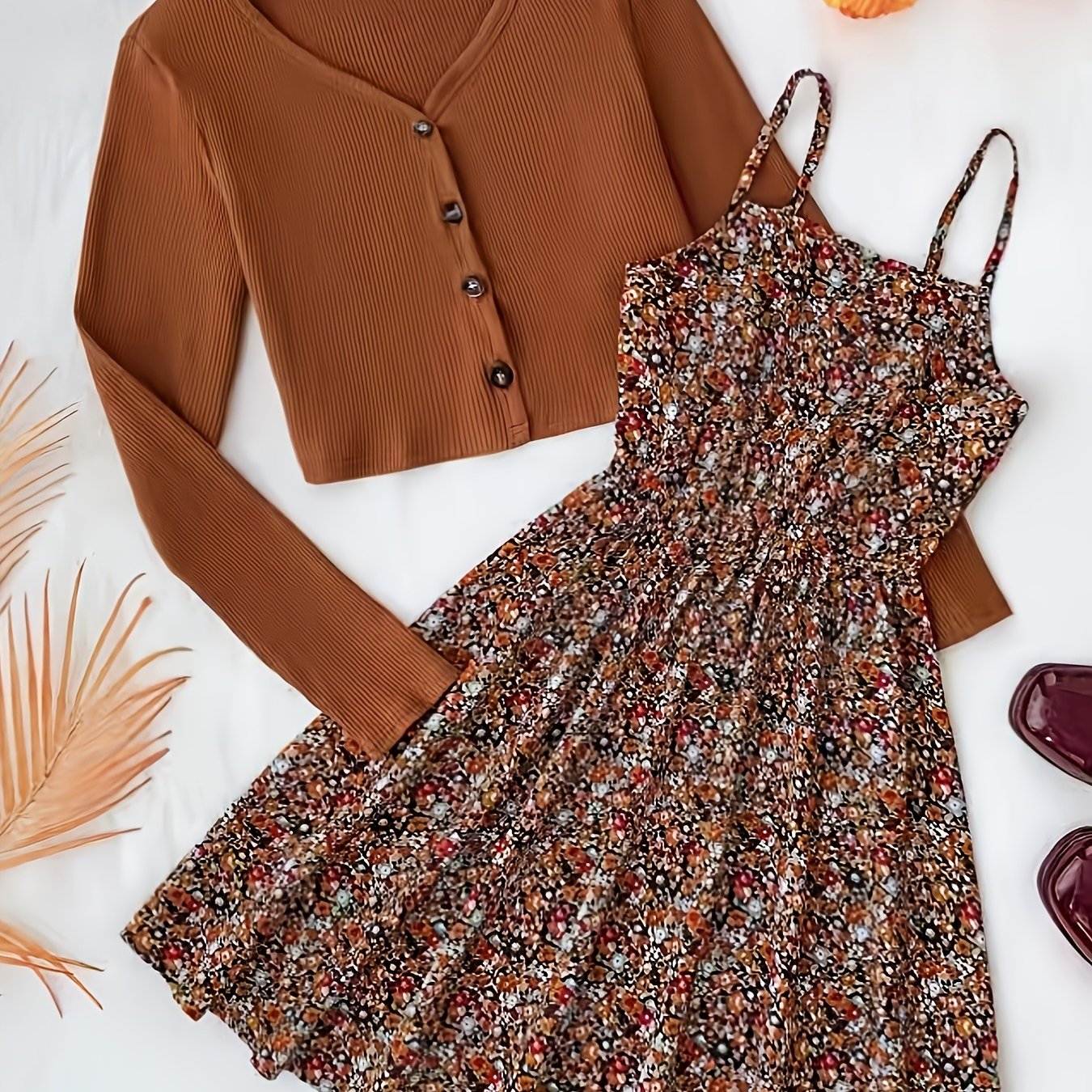 Image of Girls' Spring/autumn Outfit, Open Cardigan And Floral Cami Dress Set, Chic And Trendy, Casual For Daily Gatherings, For Outdoor, Christmas, Halloween