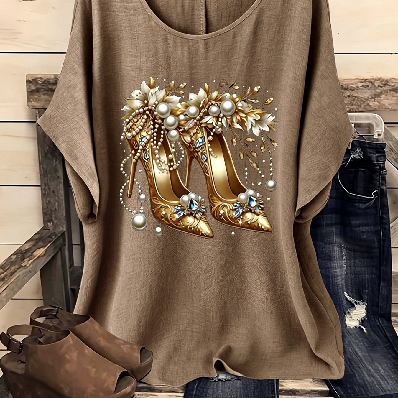 TEMU European And American Women' Creative Round Neck Drop Shoulder Sleeve Shirt, Elegant Party Women's Wear, Suitable For : Spring, Summer, Autumn,