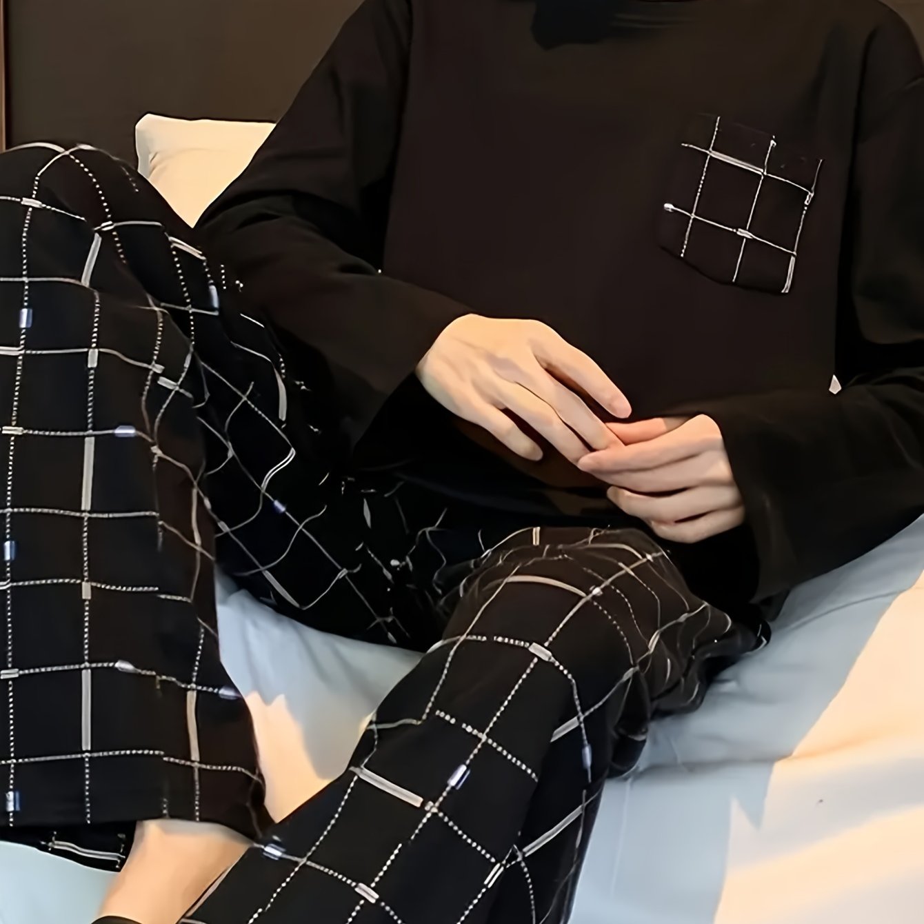 TEMU [millennium Horse Brand] Large Size 2 Pcs Men's Simple Design Long Sleeves & Plaid Long Pants Pajama Sets, Comfortable & Skin-friendly Style Pajamas For Men's Cozy Loungewear