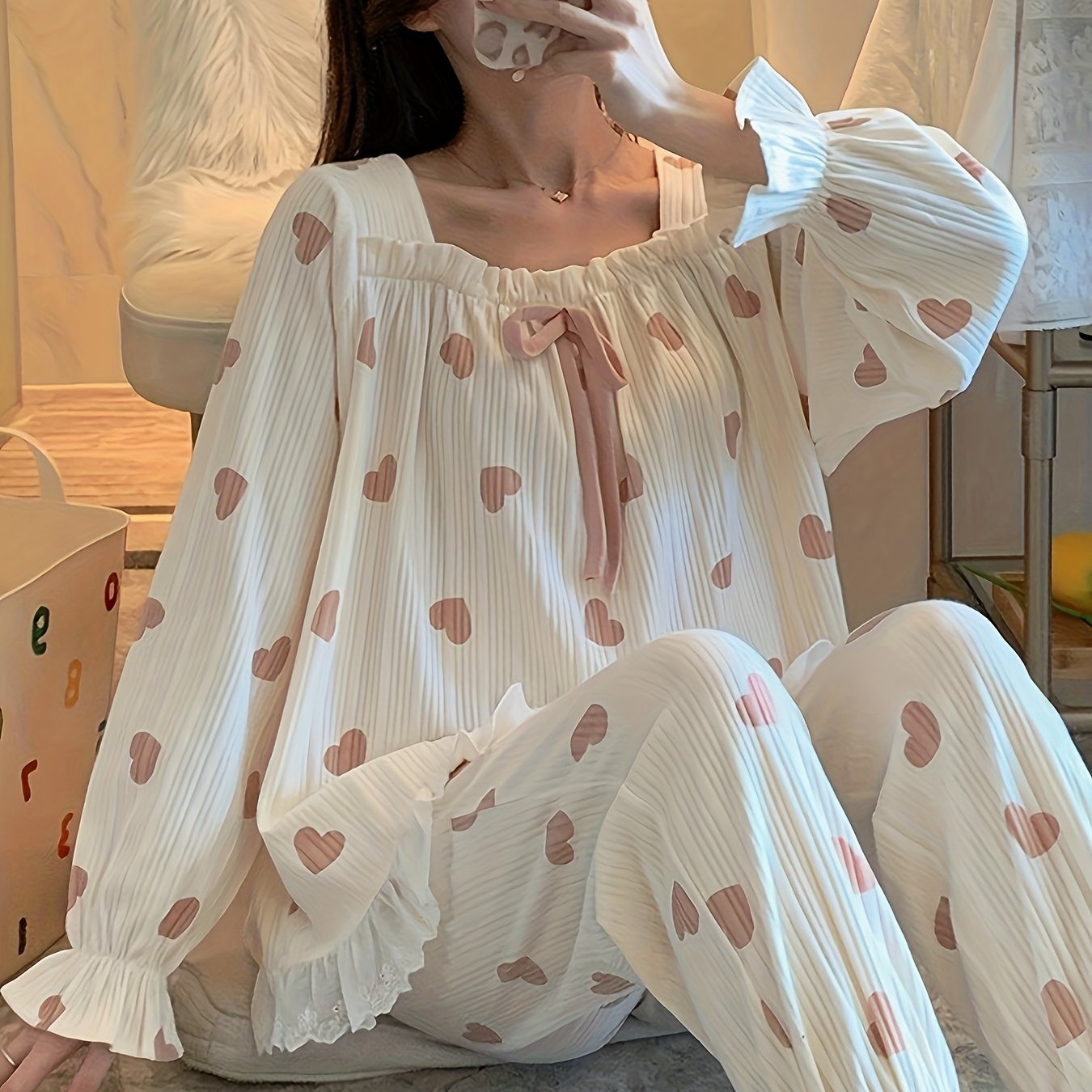 Heart-shaped Pajamas Women's Autumn Winter Style Long Sleeve Long Pants Square Neck Sweet Cute Comfortable Soft Set