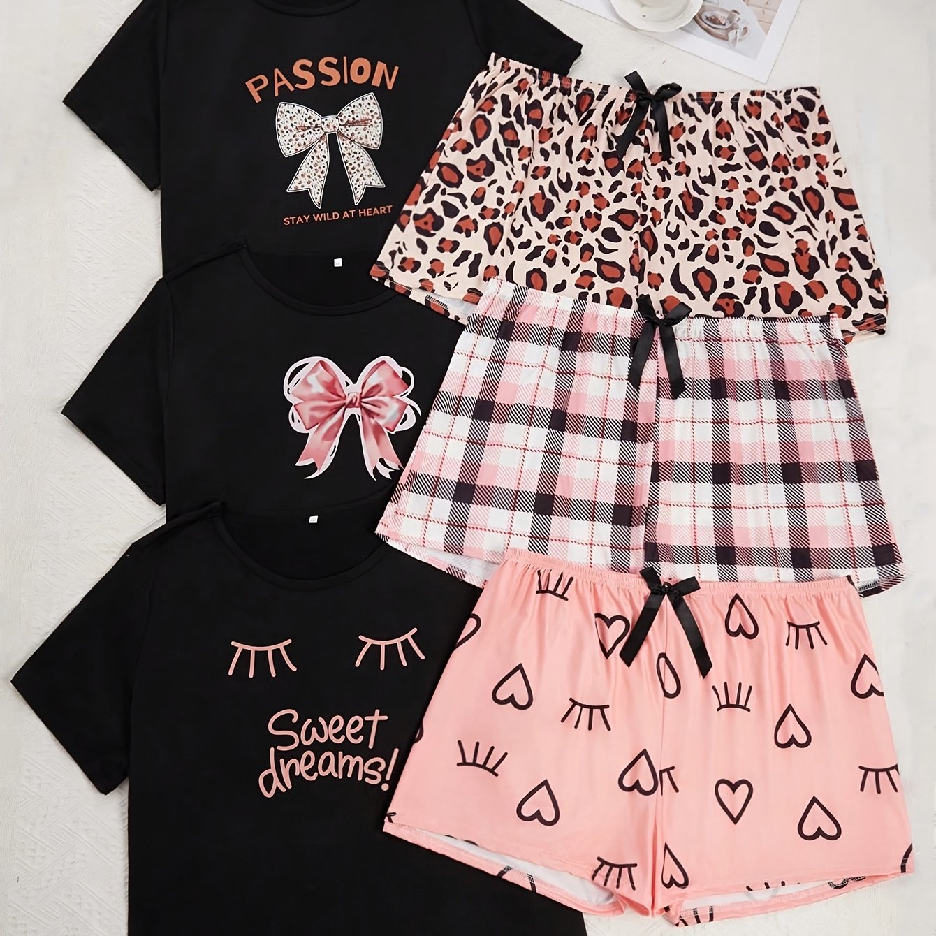 E-shop 3-teiliges bedrucktes Kurzarm- und Shorts-Damen Sommer Freizeit Pyjama Set (3-teiliges T-Shirt und 3-teilige Shorts) Sommer Loungewear
