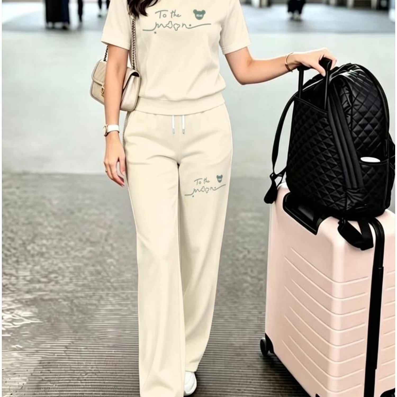 TEMU [printed Design - Not Textured] Women's Pants Set With A Simple "" Bear-themed Design, Featuring A Soft Whimsical Style, Suitable For Daily Wear