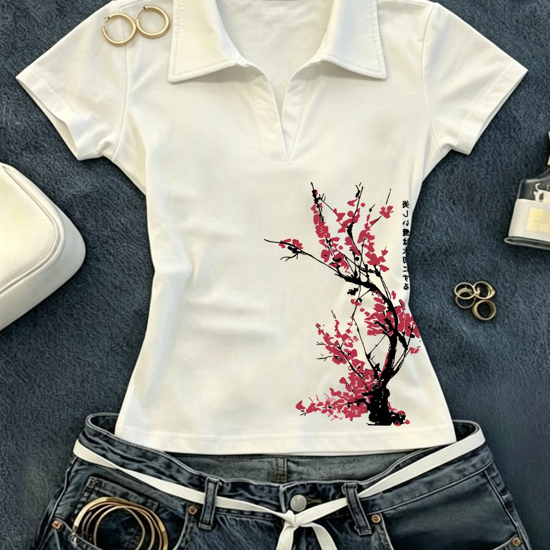 TEMU Summer New Y2k Gothic Style Lapel, Popular For Women. Simple Slim Fit Small V-neck Short Sleeved Style, Slim Shoulder T-shirt For Women
