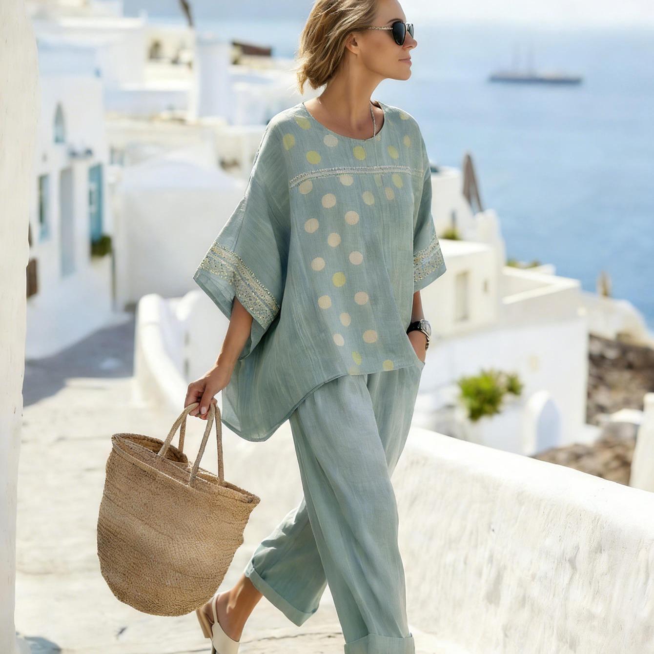 Image of A Green Hue, Featuring Polka Dots And Bead Elements, This Design Body Types. With A Short-sleeve Top And Wide-leg Pants, It And Ease, Suitable For Multiple Daily Occasions.