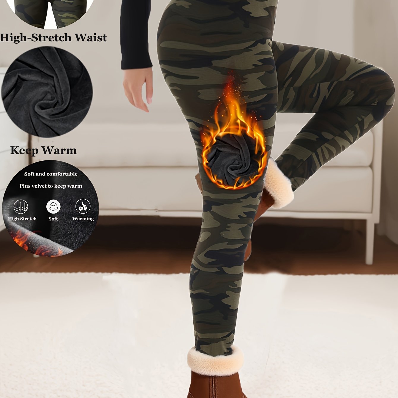Image of Autumn Winter Camouflage Gray Coffee Gray Green Random Printing Women's Plus Velvet Inner Material Thick Soft Leggings Cropped Cold Resistant All Match Yoga Fitness Sports Burning