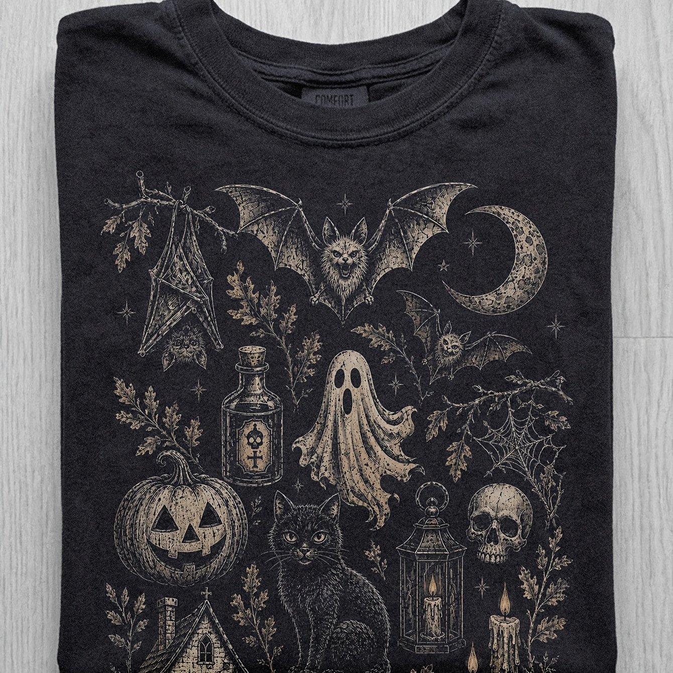 Image of Vintage Halloween Shirt Gothic Spooky Collage Tee Bat Pumpkin Witchy Halloween Short Sleeve Graphic Clothing