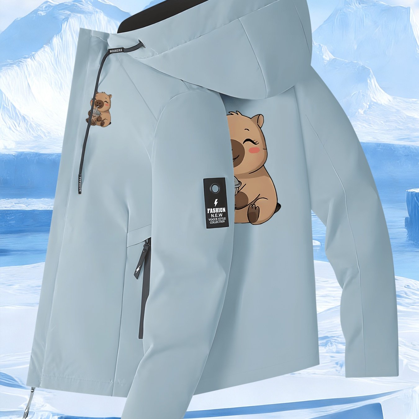 TEMU Women's Hooded Outdoor Storm Jacket, Capybara Drinking Bubble Tea Illustration Print Jacket, Suitable For Outdoor And Casual Travel, Women's