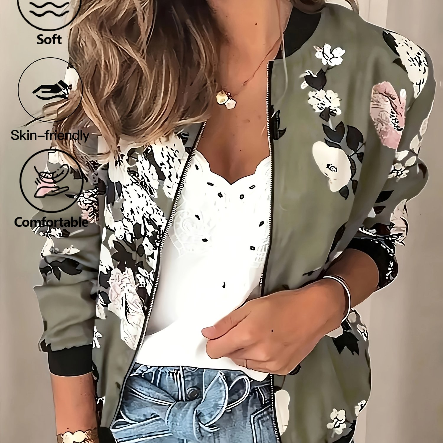 Image of Plus Size - Plus Size - Plus Size Fashionable Flower Print Zipper Jacket, Casual And Loose Daily Commuting Jacket