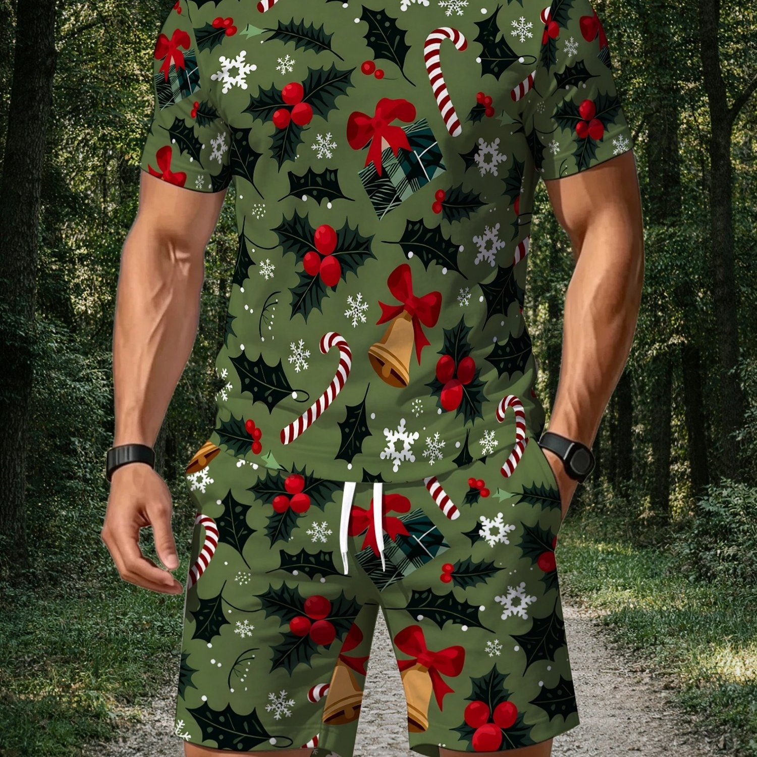 TEMU Men's Military Green Background Christmas Holly Leaf Cane Candy 3d 2pcs Set Round Neck Short Sleeve T-shirt And Drawstring Shorts Christmas