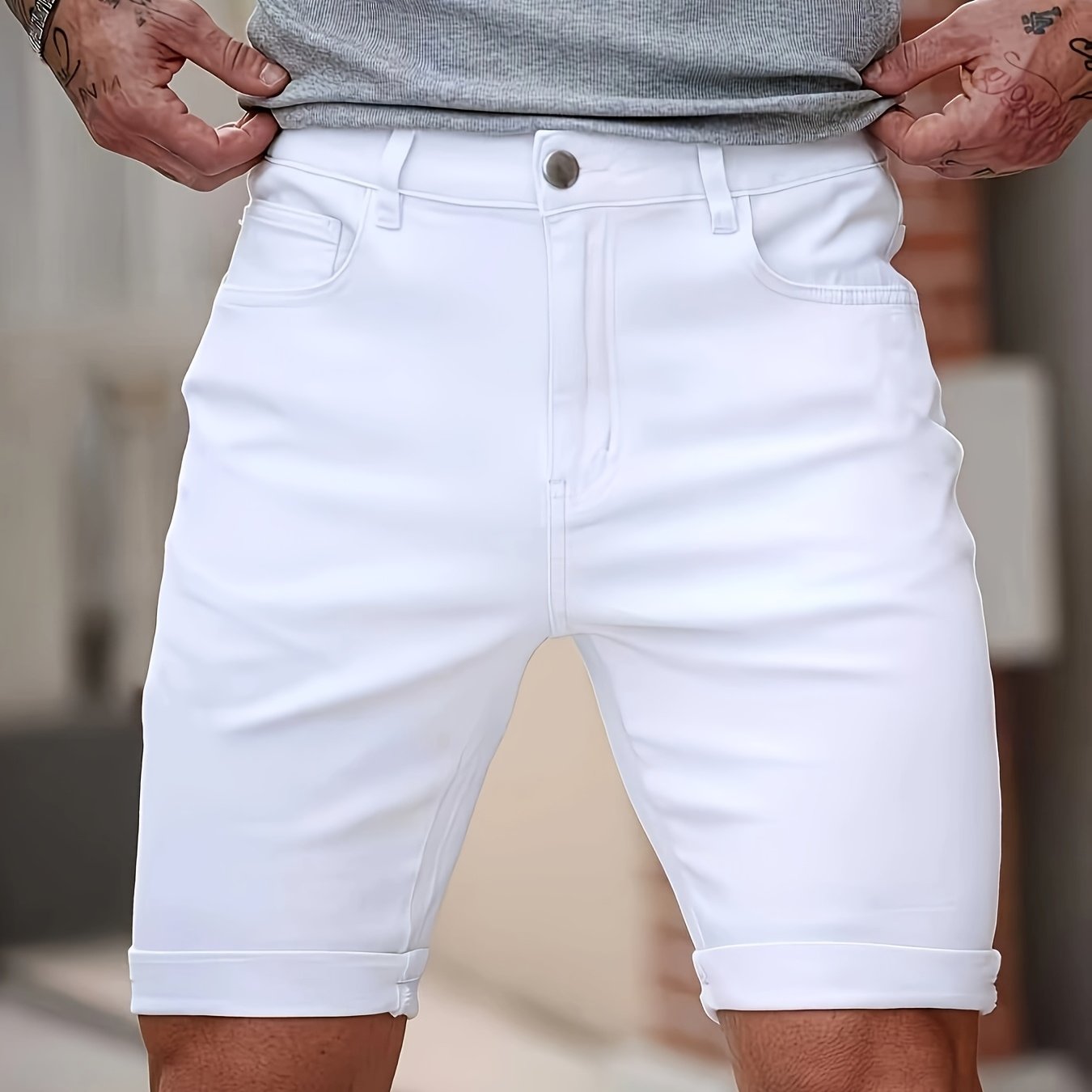 Image of Men's Summer Casual -fit Shorts, Solid Color For Vacation And Daily Wear, Button-front Mid-waist Design, Rolled-up Hem