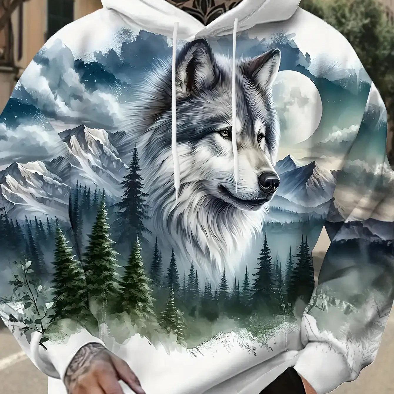 TEMU Men' Hoodie Featuring A Wolf And - A Heavyweight Casual Pullover, With A Wolf Print, Long-sleeved Winter Jacket Suitable For Relaxed Wear, In