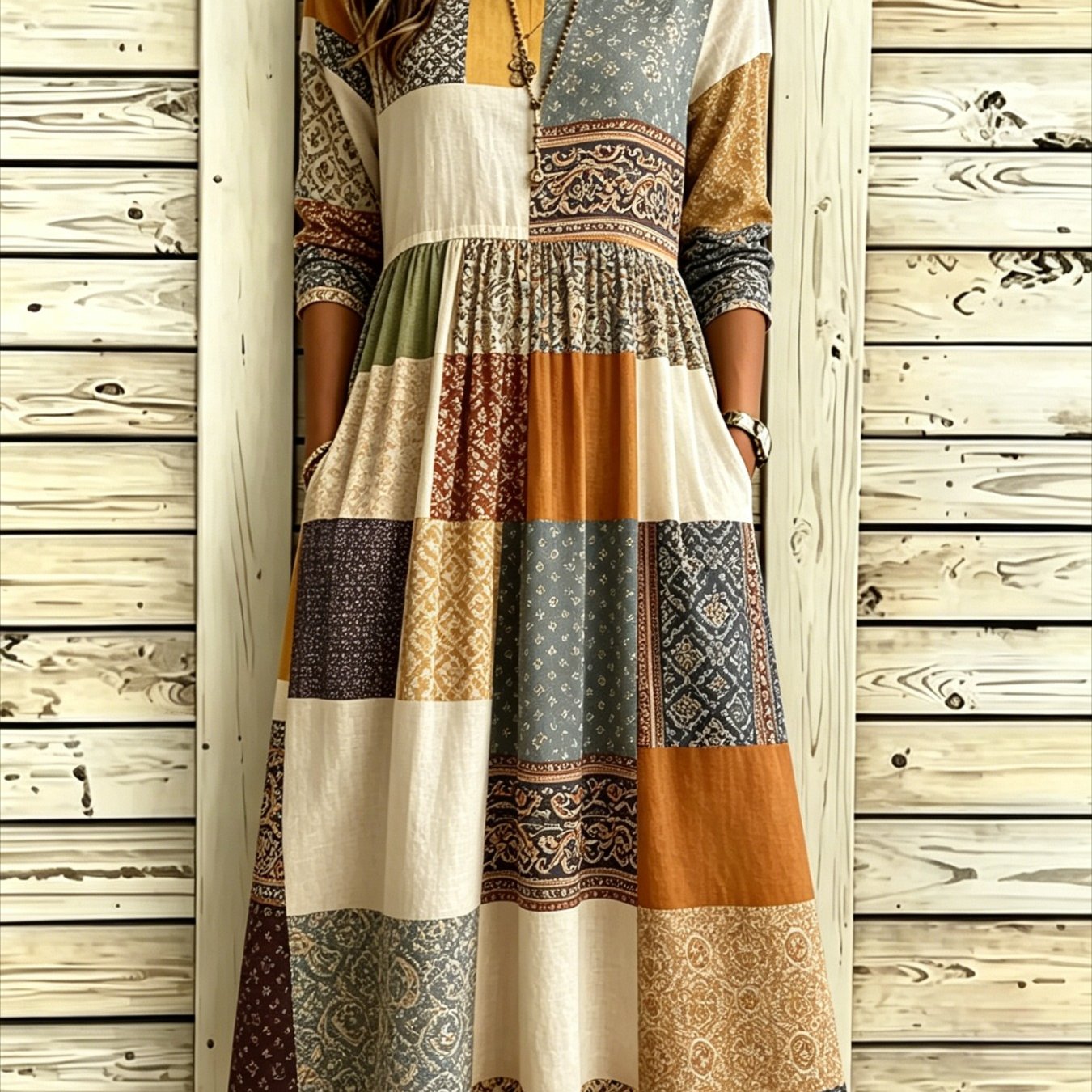 Women's Color- Print Round-neck Pocket Casual Midi Dress