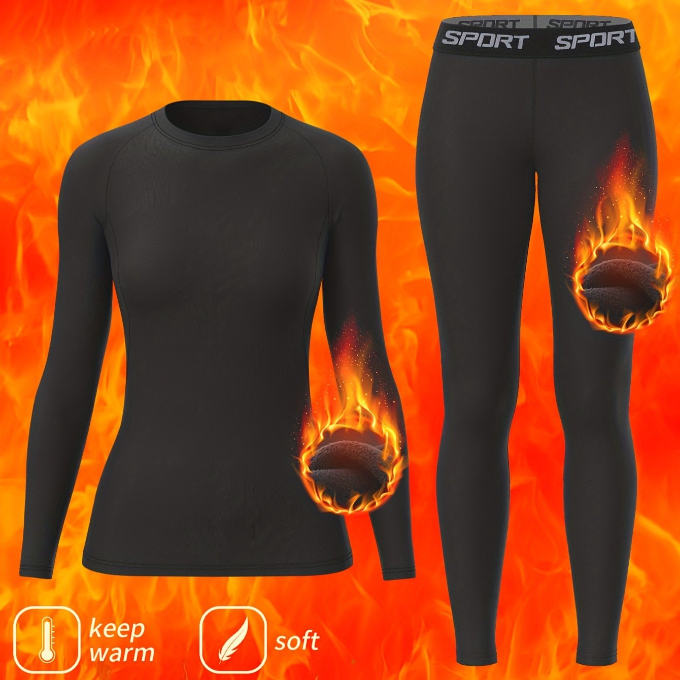 Image of Autumn And Winter Solid Color -lined Thermal Underwear Set, Crew Neck Top, Tight Leggings Pajamas And Pants, Women's Sportswear Set