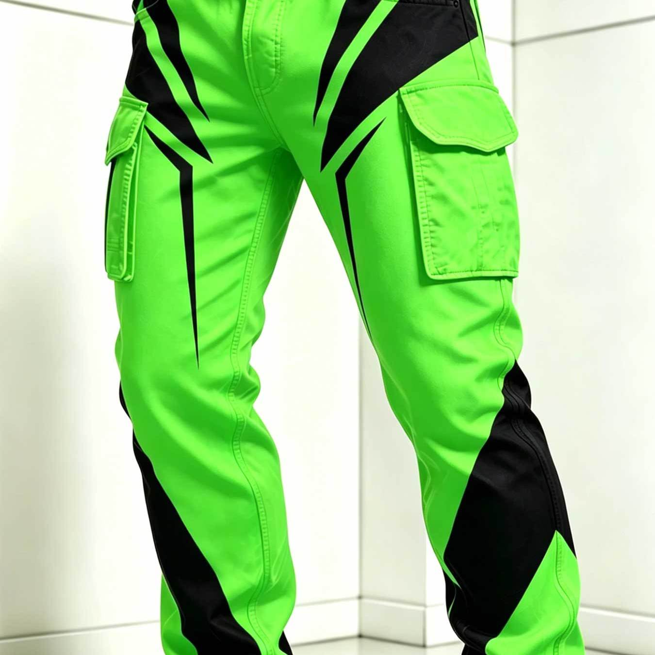 TEMU Men's Twill Work Pants With Double Pockets Neon Green Geometric For Outdoor Activities And Casual Daily Wear