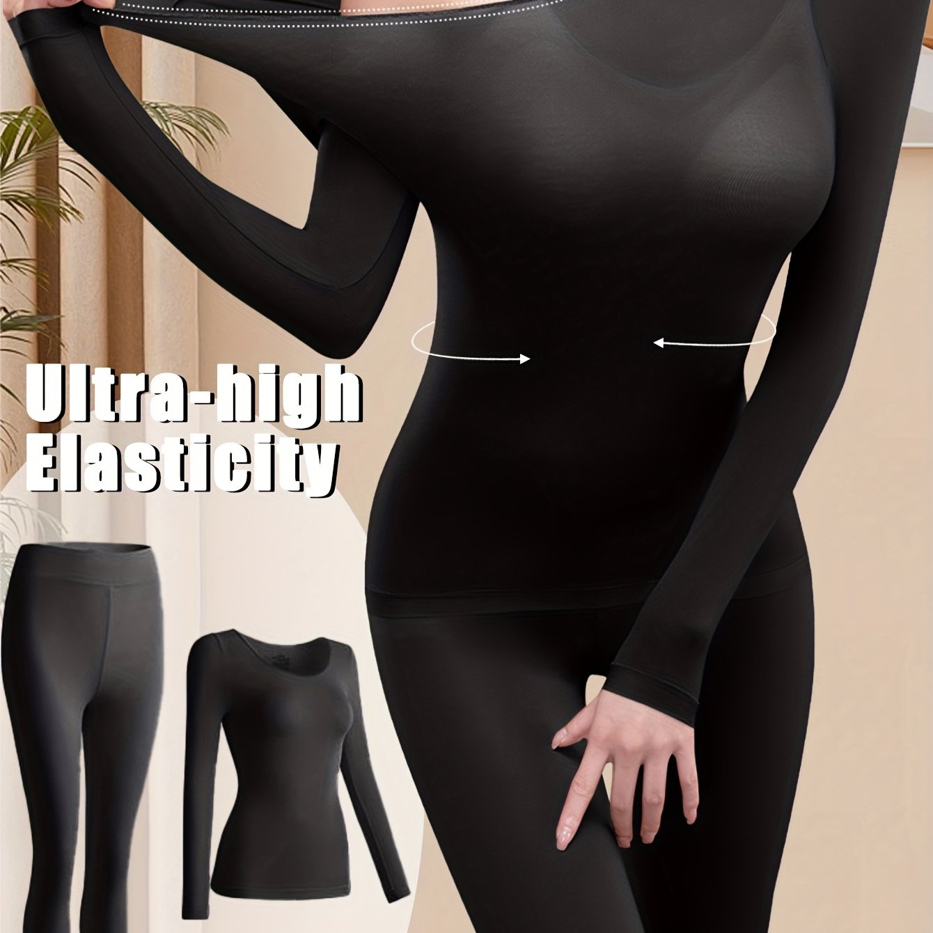 Image of 1 Set Base Layer Long Sleeve And Pants Autumn Wear Thin Underwear Set Women