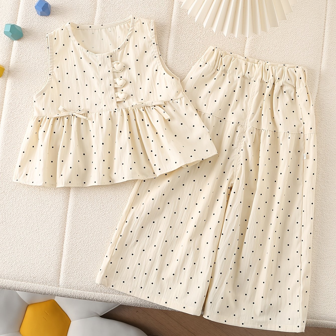 2pcs Polka Dot Wide Shoulder Ruffle Hem Set, Cute Fashionable Girls' Spring/summer Lightweight Clothing, Perfect For Outdoor