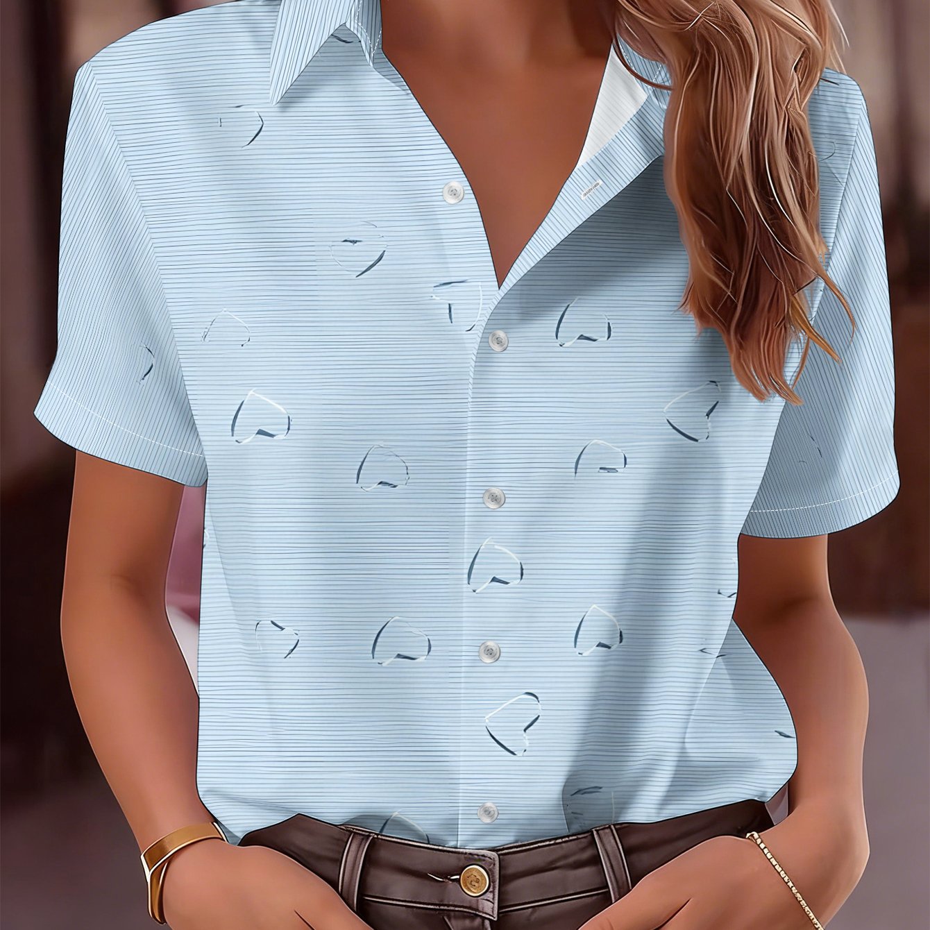 TEMU Women's Polyester Short-sleeve Shirt With Fresh Light And Heart Raindrop Print, Lightweight, Breathable, And Wrinkle-resistant. A Versatile Top