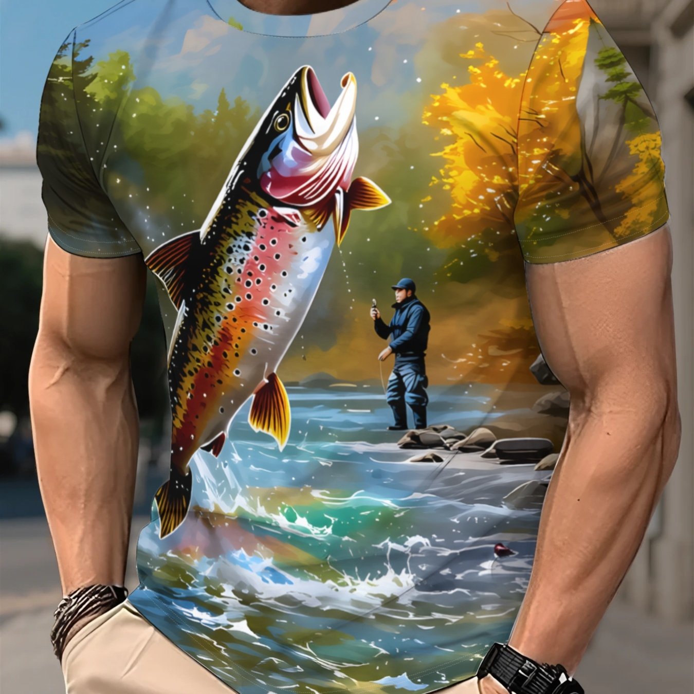 TEMU Men's Round Neck Short Sleeve T-shirt With 3d , Fashionable Athletic Style Fishing Pattern, Summer Streetwear Casual Breathable Fabric