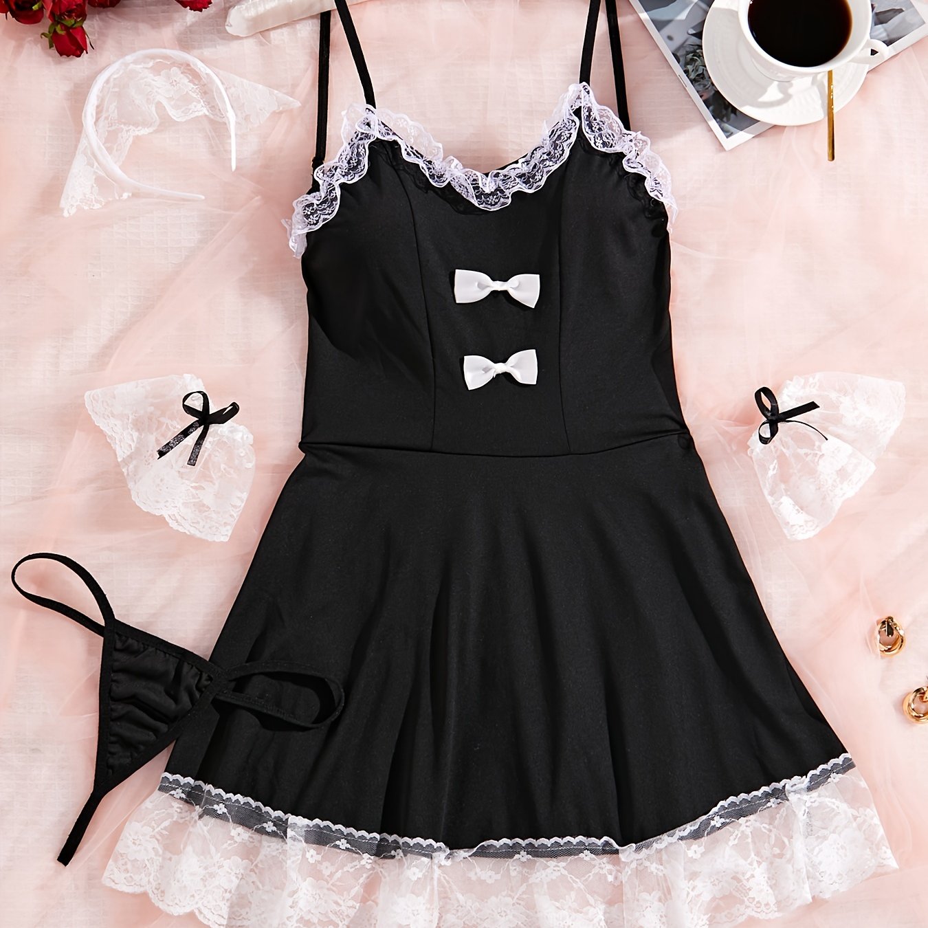 naughty maid role play costume contrast lace bow tie backless slip dress womens sexy lingerie underwear