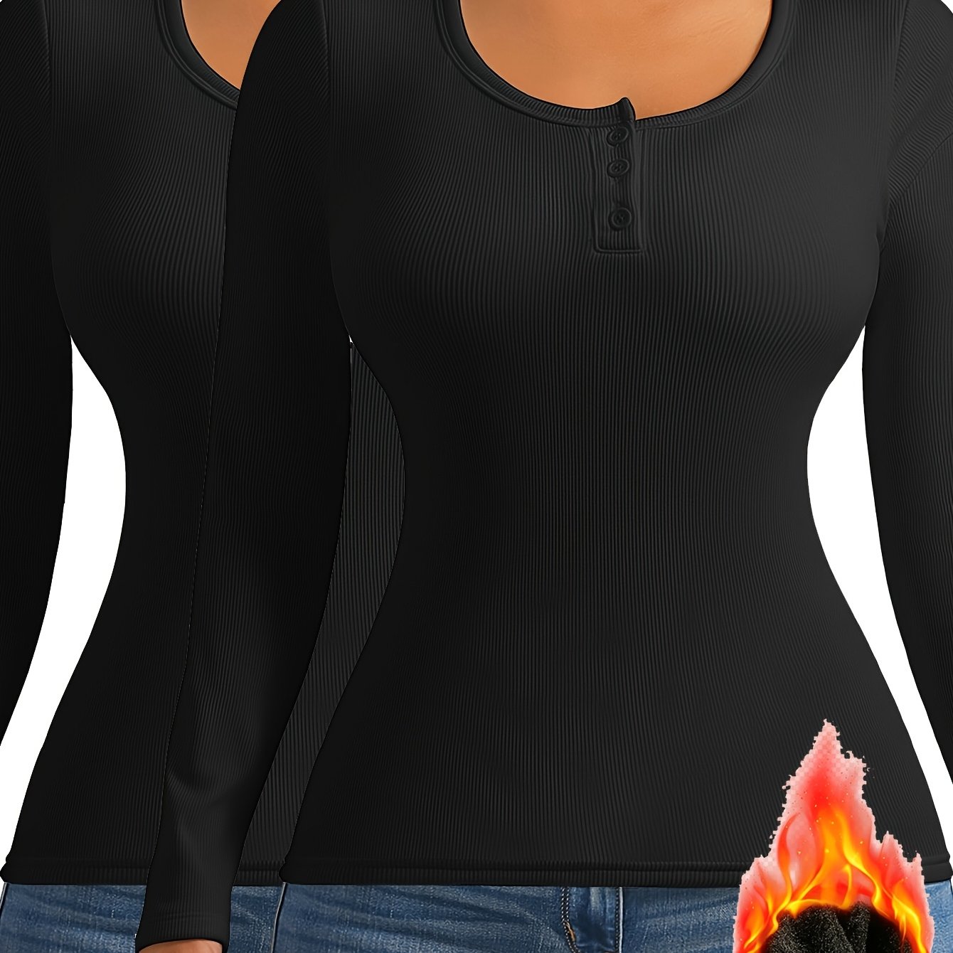Image of 2pcs Built In Bra Fleece Lined Henley Shirts For Women Ribbed Long Sleeve Thermal Warm Slim Fit Casual Tops