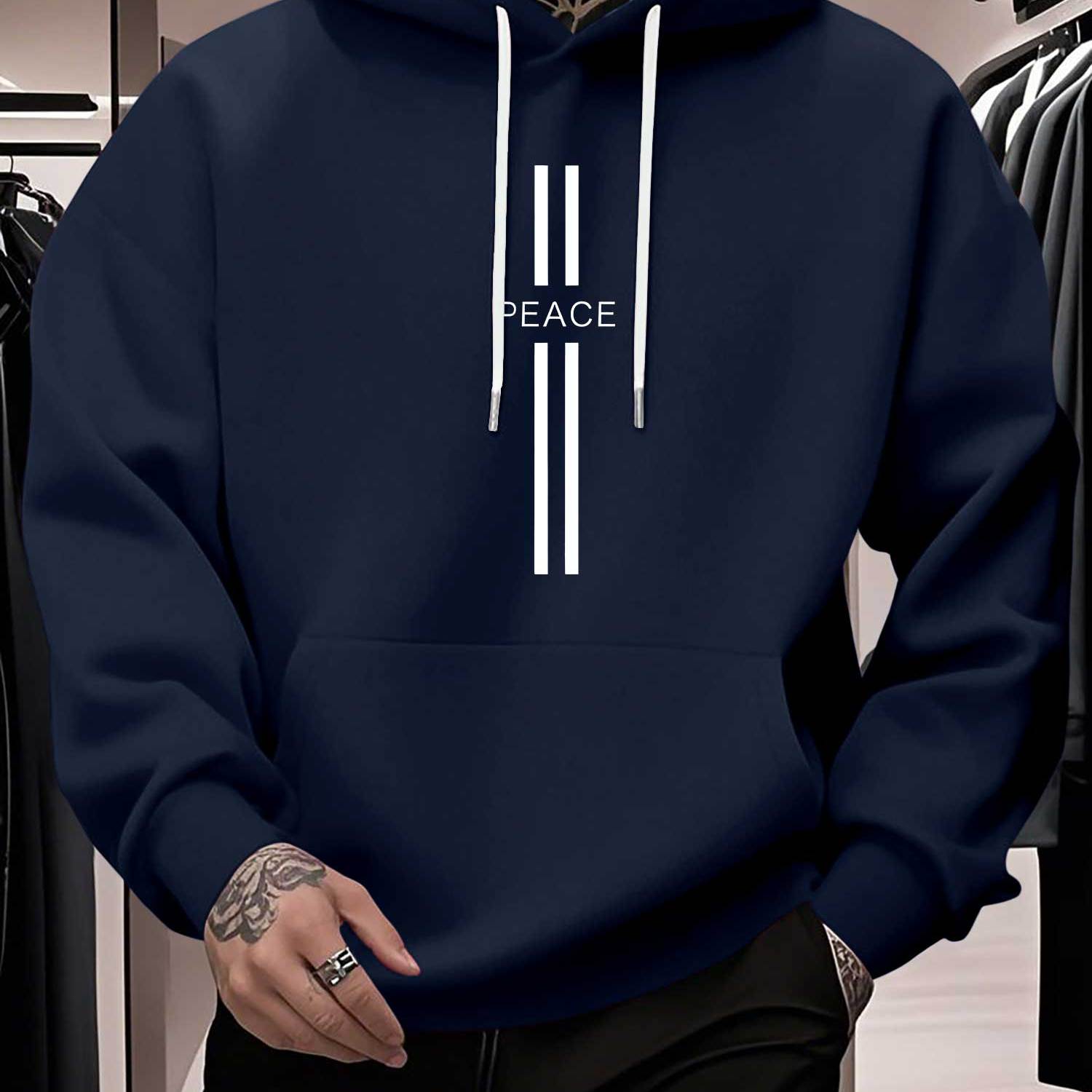 TEMU Plus Size Clothing - Plus Size Men's Letter And Stripe Print Hooded Long Sleeve Sweatshirt, A Versatile Casual Hoodie For Men, Featuring
