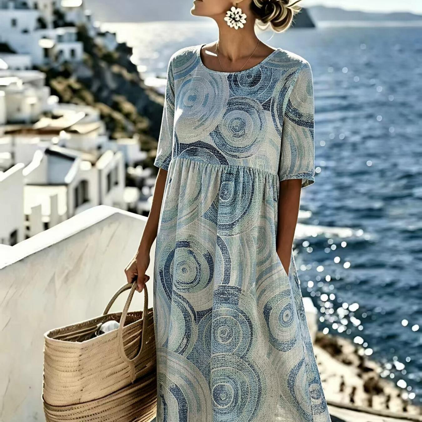 Image of Women's Summer Dress Spiral Loose Boho Fresh Casual Resort Style Fashionable And Elegant Machine Washable Suitable For Daily And Commuting The For Gifts