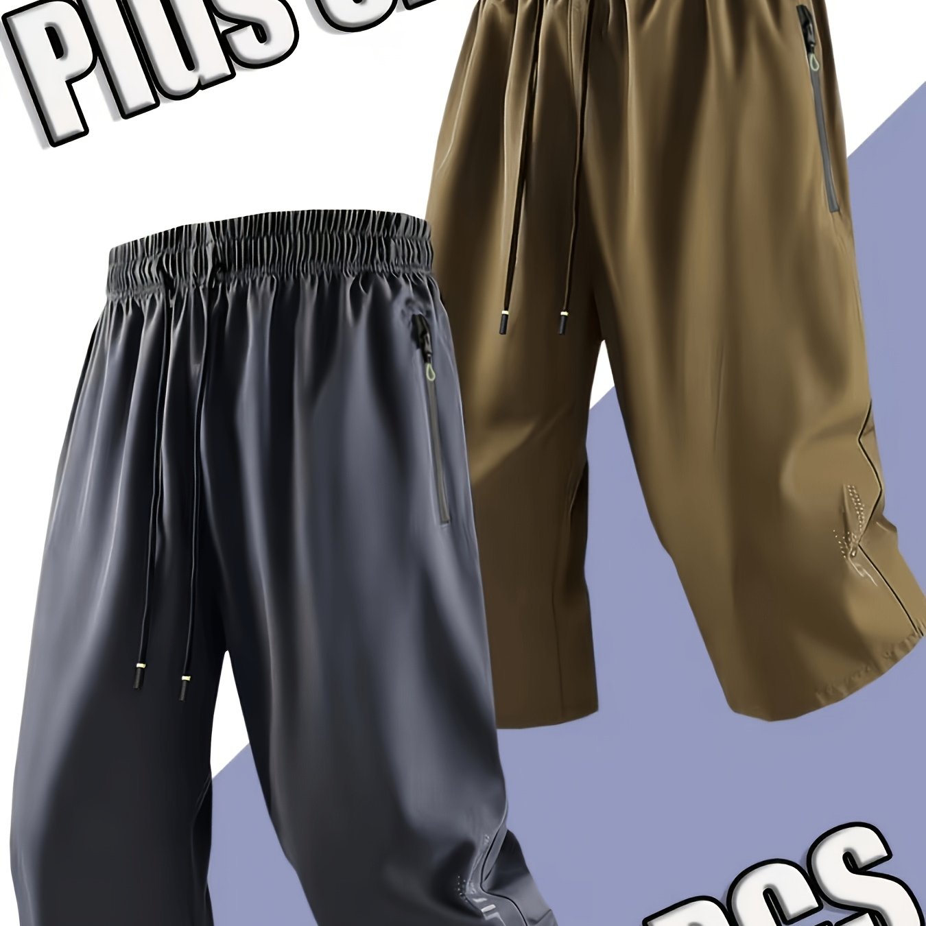 TEMU New 2pcs, Plus Size Men's Fashion Sports Pants, Comfortable Fabric, Double Zipper Pockets, Waist Pull Cord, Ideal For Summer Wear, Daily