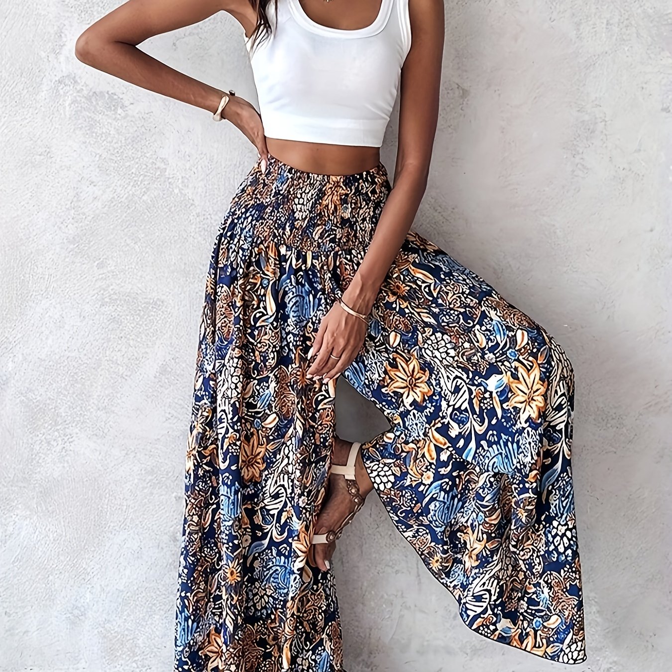Image of Yy0227611 Bohemian Print Pleated High-waisted Wide-leg Pants Retro Slim Casual Daily Wear, Spring And Summer, Machine Washable, Fiber, Loose Fit Design, Versatile Clothing
