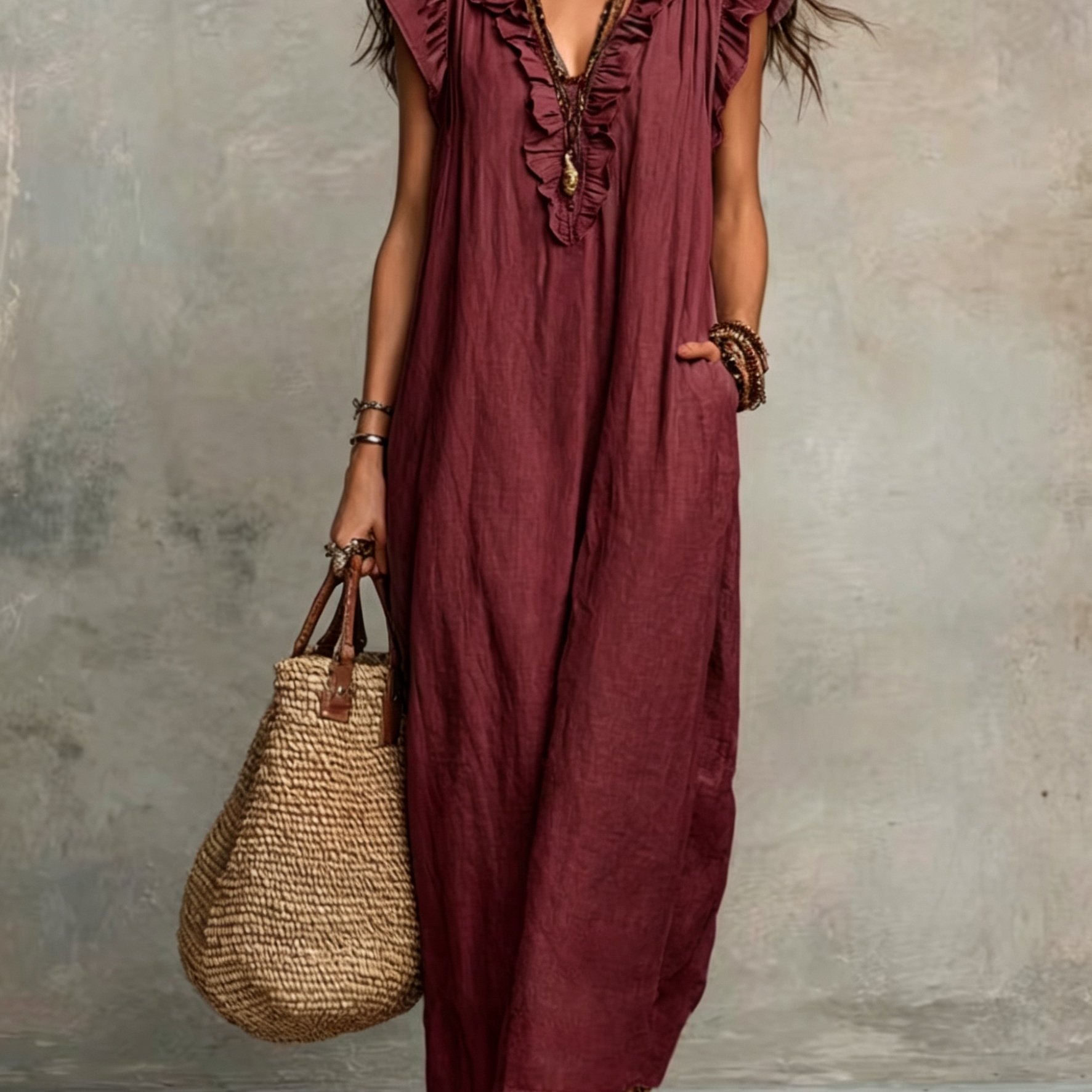 TEMU New Women's Vacation Casual Elegant Women's Dress For Everyday Wear Bohemian Style Flutter Sleeves With Pockets Loose Long Dress V-neck Flowy