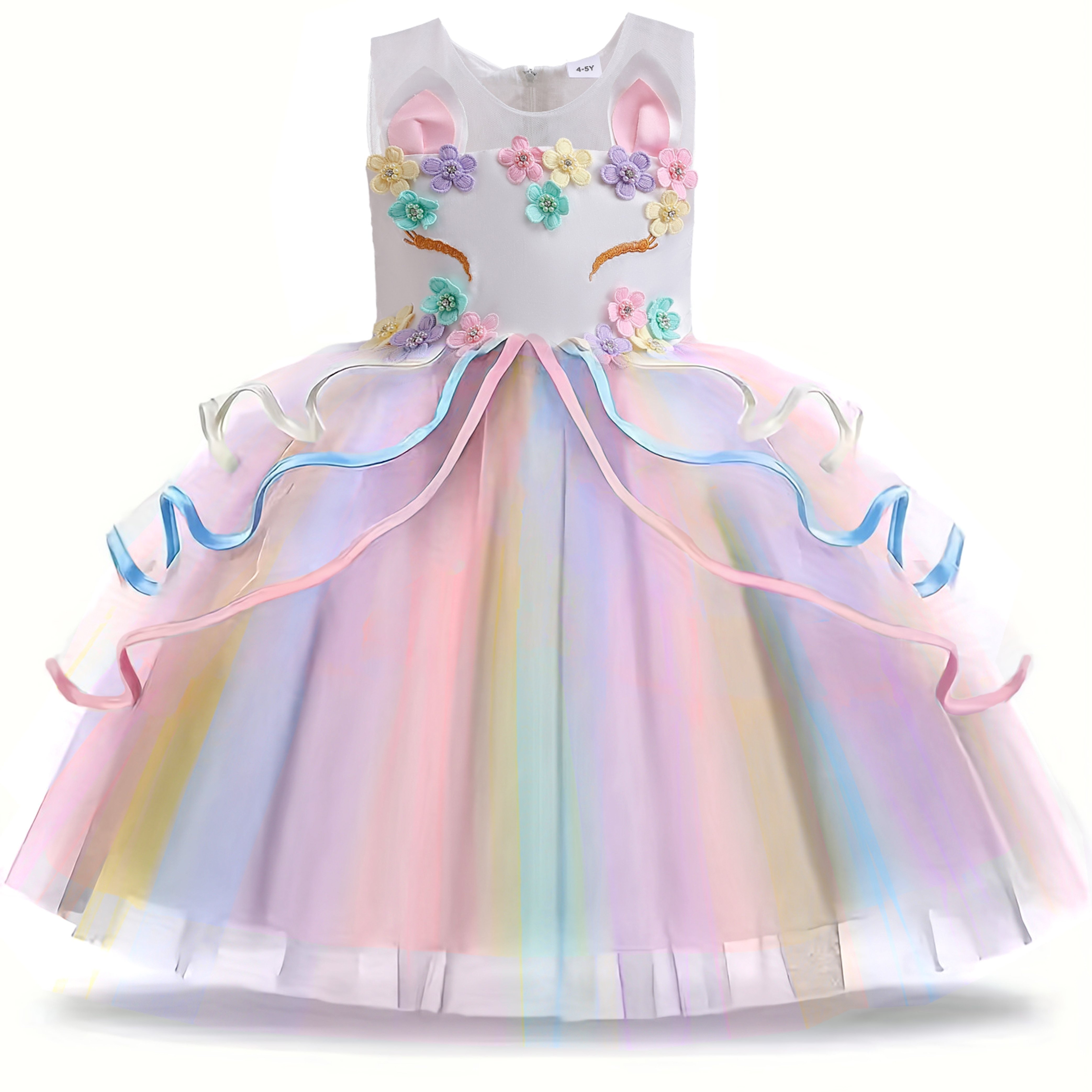 Girls Unicorn Princess Dress Cute Floral Unicorn Print Mesh Princess Tutu Dress With Tulle Kids Dresses