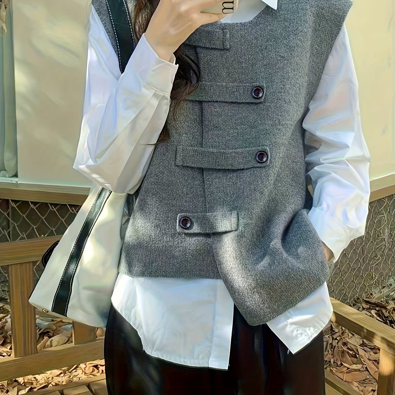TEMU Solid Color Single-breasted Top With Asymmetrical Design, Suitable For Spring And Autumn Wear, Women's Vest