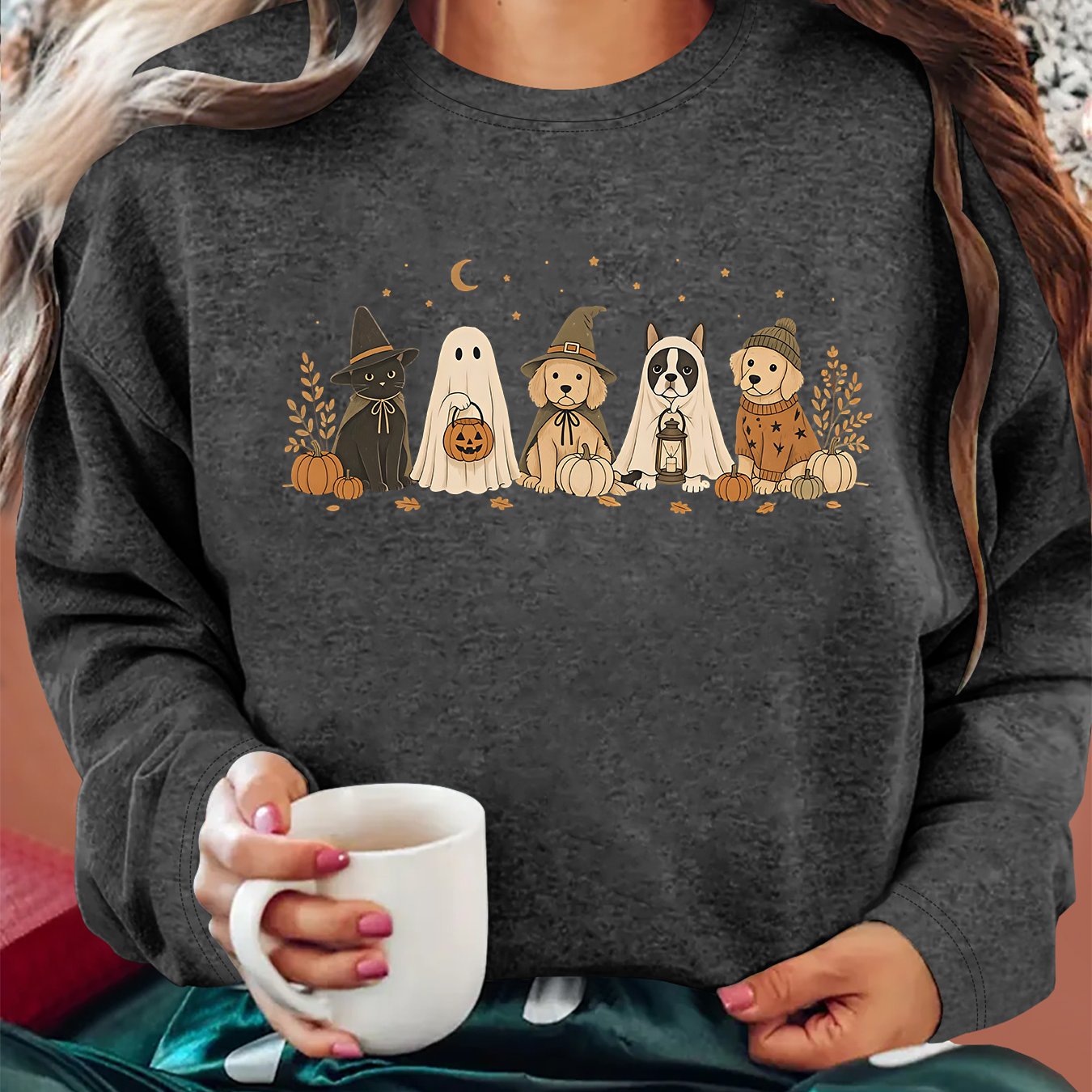 TEMU [Tenue Festive d'Halloween] Cadeau de Fête pour Femmes, Déguisement Chat Chien Imprimé Col Rond T-Shirt à Manches Longues, Style Décontracté,