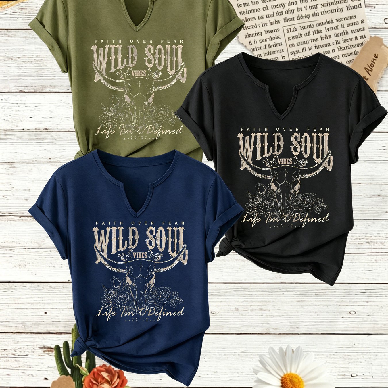 TEMU 3pcs Women's Western Cow Skull T-shirt & Boho Outfits - " Faith Over Fear" Short Sleeve V-neck Tees, Retro Bohemian Country Tops With Cowgirl,