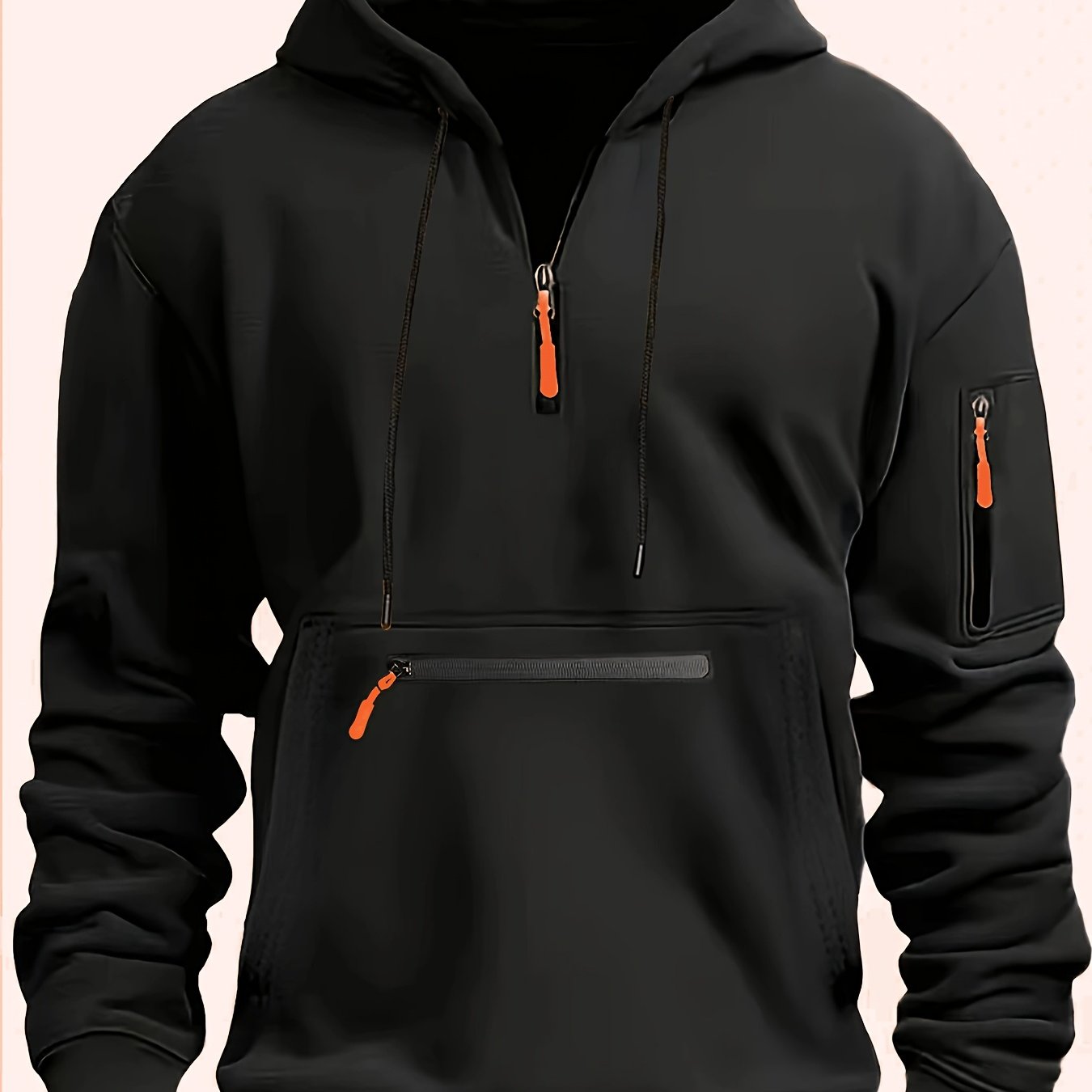 E-shop Einfarbiger Herren-Langarm-Sweatshirt mit Kapuze, halbem Reißverschluss, Kängurutasche mehreren Reißverschlüssen, vielseitiger Pullover für