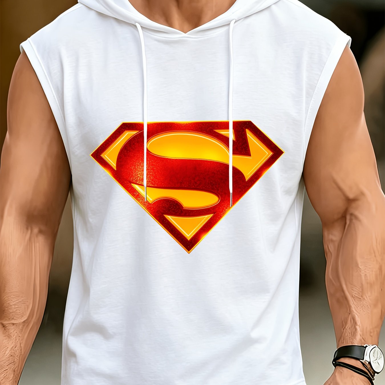 TEMU [warner . Licensed], Wb. Comics, 1pc, Superman Men's/women's Sleeveless Hooded Vest Top/t-shirt, Geometric Print, Sleeveless Vest For Fitness