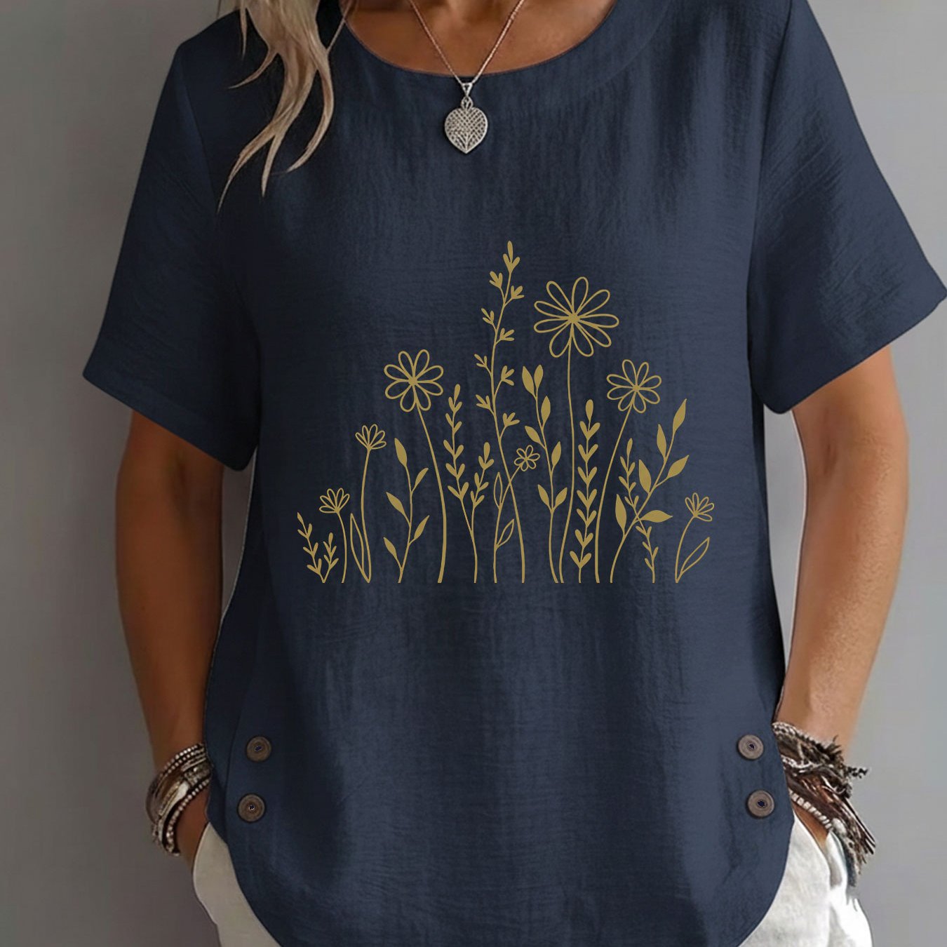 TEMU Spring/summer Women's Top, , Floral And Botanical, Branch And Leaf, Line Art Print, Elegant, Mature, Casual, Round Neck, Short Sleeve, Women's