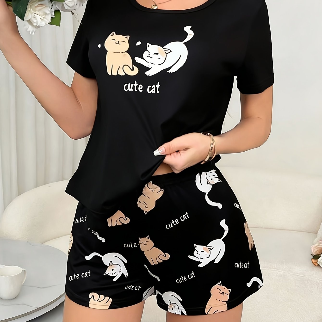 TEMU カジュアル レディース 黒猫プリント レタートップ 花柄猫パンツ 半袖ショーツ パジャマセット