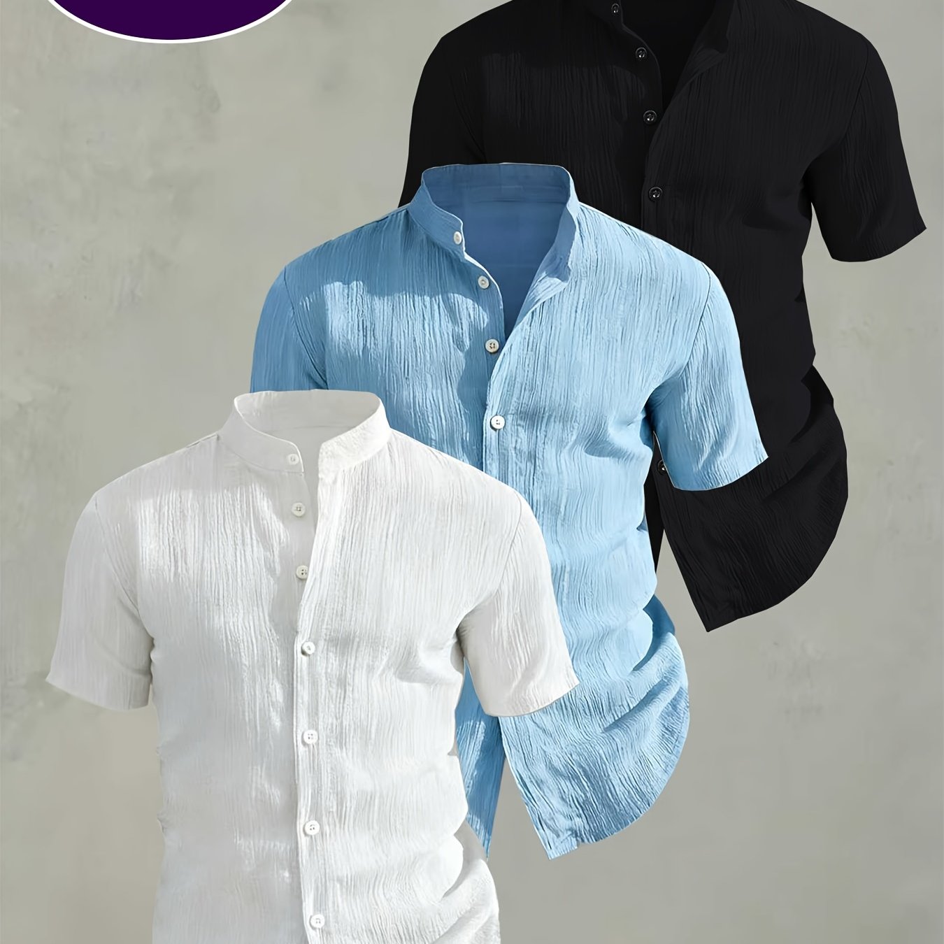 TEMU Ensemble de 3 chemises d'été à manches courtes pour homme - Chemise légère et respirante unie à col et boutonnage, lavable en machine, adaptée