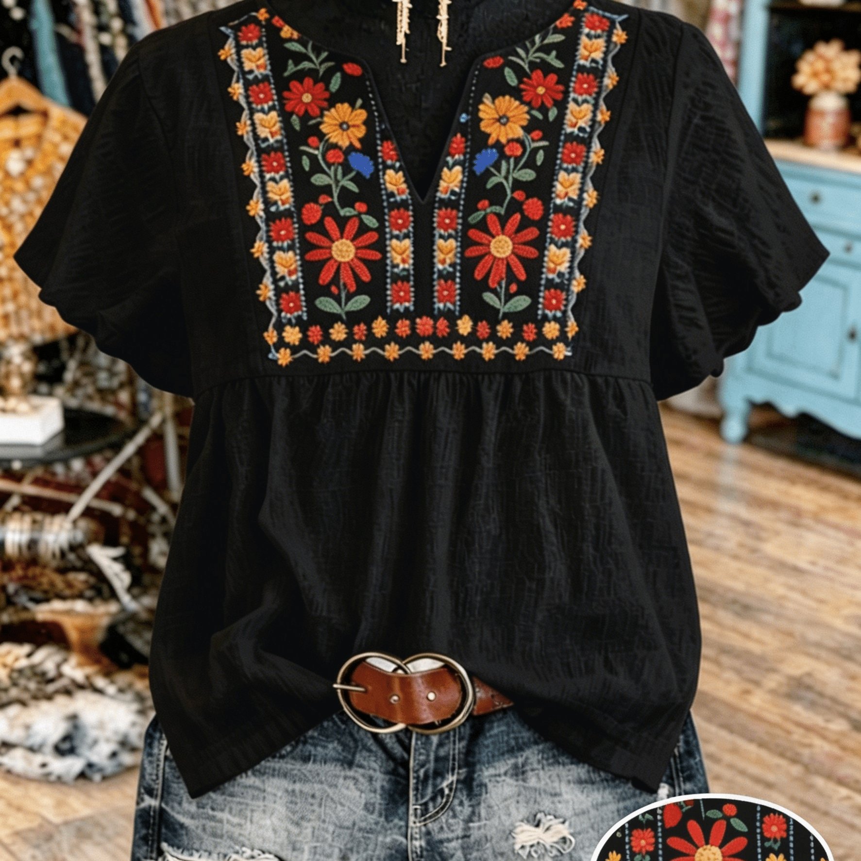 TEMU Bohemian Floral Print Short Sleeve Top, Vintage V-neck Loose-fit Doll Shirt, Summer Breathable , Western Cowboy-inspired Colorful Printed