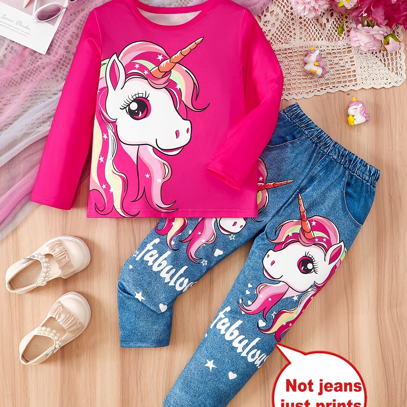 Image of Girls' Long Sleeve Cute Unicorn Print + Girls' Pants Anti-denim Print Slim Pants, Perfect For Outdoor,christmas,halloween