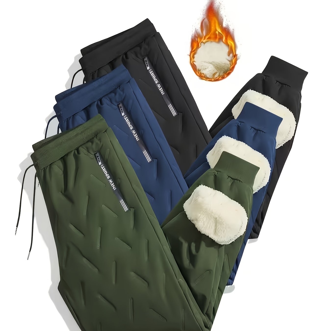 TEMU 3pcs Men's Winter Fleece-lined Thickened Outdoor Sports Jogger Pants - Lamb's Lining For Low-temperature Protection - Loose Fit Warm Leg-warming