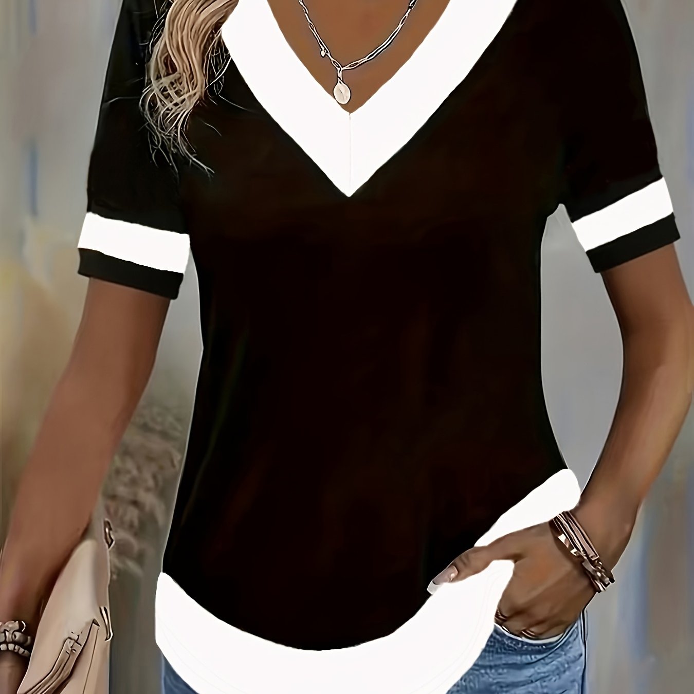 E-shop Damen Kurzarm Sommer T-Shirt mit Color Block